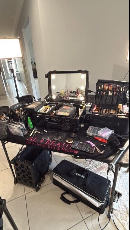Carein's portable makeup kit and lit mirror, set up on location